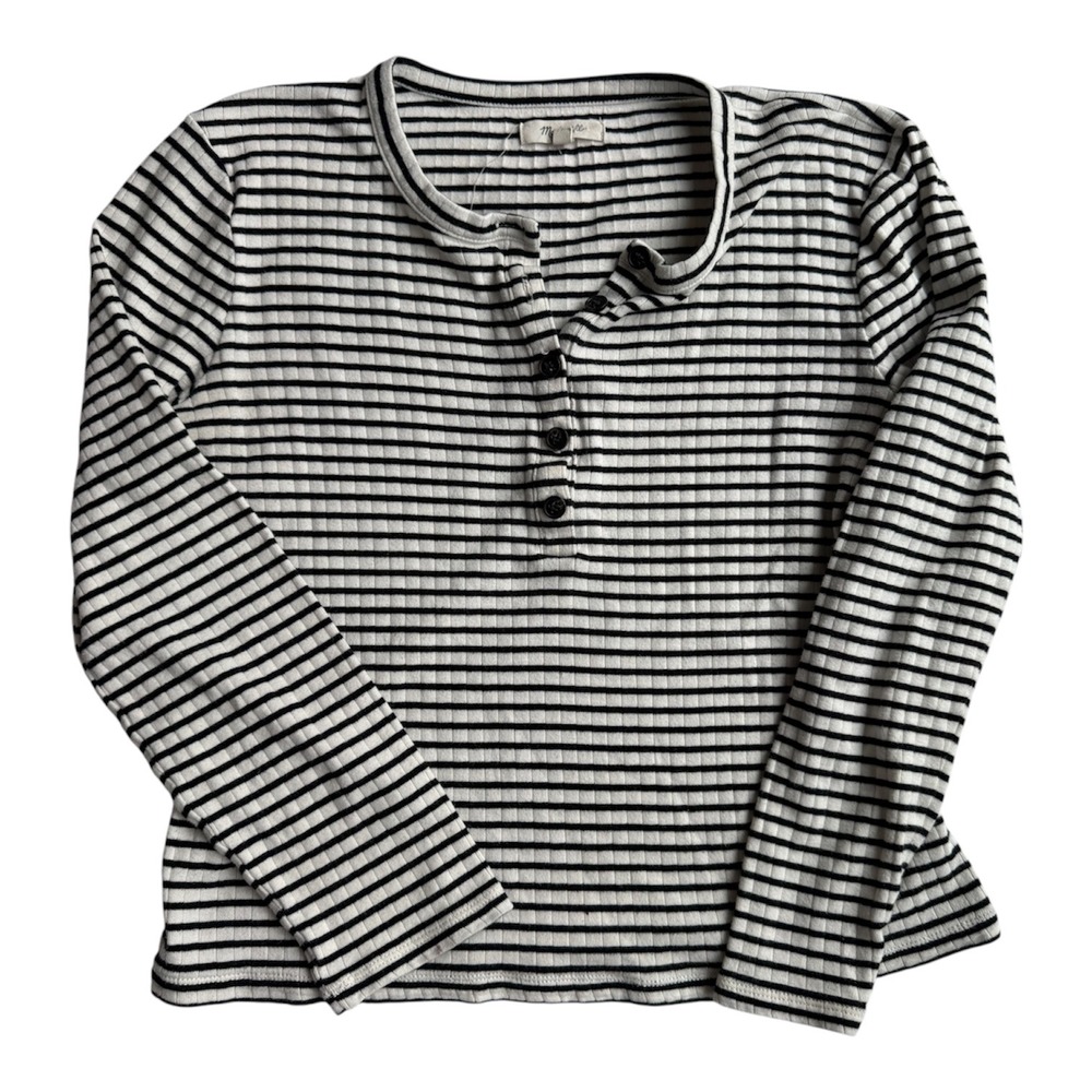 Madewell Ribbed Henley Top Striped Cotton Long Sleeve Black White F6776 Womens M